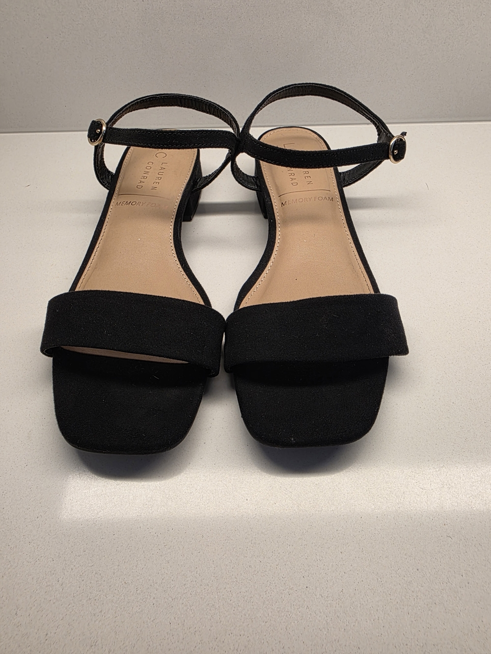 LC Lauren Conrad Black Suede Ankle-Strap Block Heel Sandals